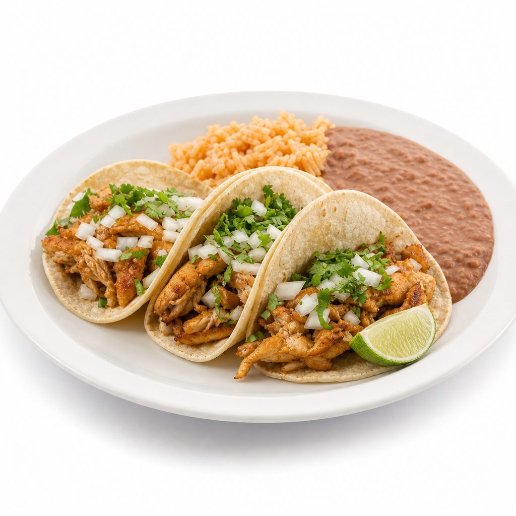Lunch 3 Tacos with Rice & Beans.